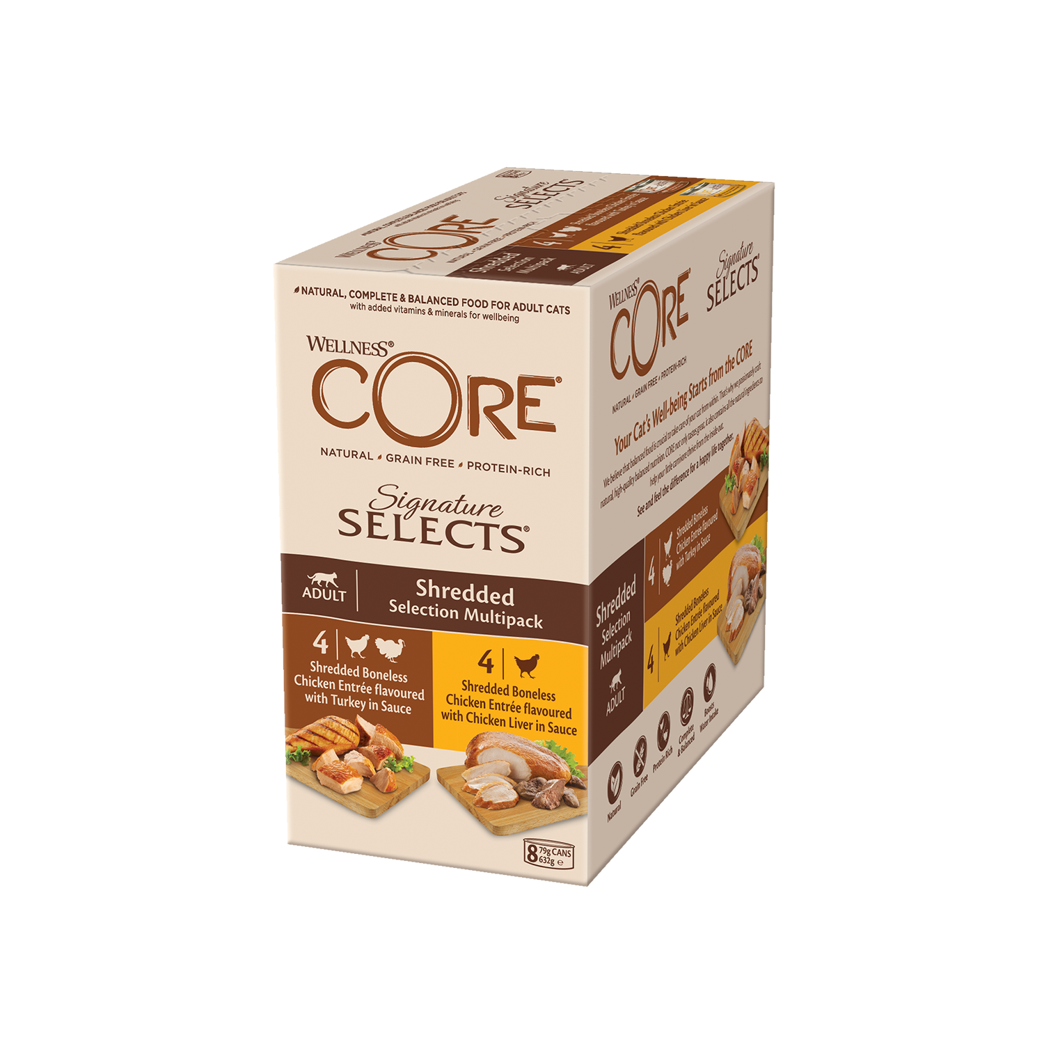 ويلنس كور مولتي باك علب دجاج وكبد الدجاج ×4 ودجاج وديك رومي ×4 في صوص للقطط 8×79 جم | صيدلية.كوم.