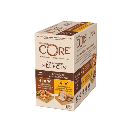 ويلنس كور مولتي باك علب دجاج وكبد الدجاج ×4 ودجاج وديك رومي ×4 في صوص للقطط 8×79 جم |  صيدلية.كوم.