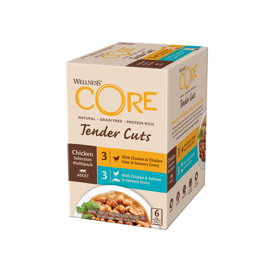 ويلنس كور مولتي باك أكياس دجاج وكبد الدجاج ×3 ودجاج وسمك السلمون ×3 في المرق للقطط 6×85 جم |  صيدلية.كوم.