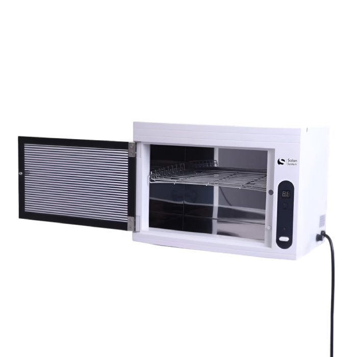 Salon system tool sterilization device with timer button