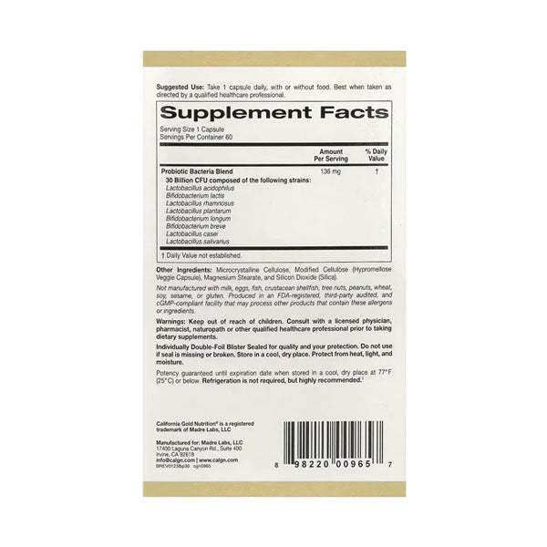 كاليفورنيا جولد نيوتريشن لاكتوبيف بروبيوتيك 30 مليار سي اف يو 60 كبسولة نباتية |  صيدلية.كوم.