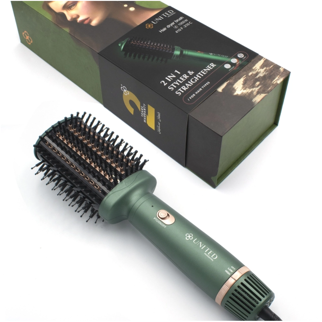 يونايتيد فرشاة شعر حراري 700 مصففة ومملسة 2 في 1 1000 واط يعمل بتقنية الايونات أخضر | صيدلية.كوم.