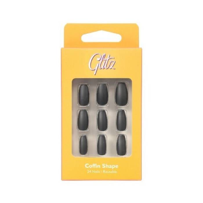 أظافر صناعية لون اسود مطفي شكل كوفن 12 من جليتز