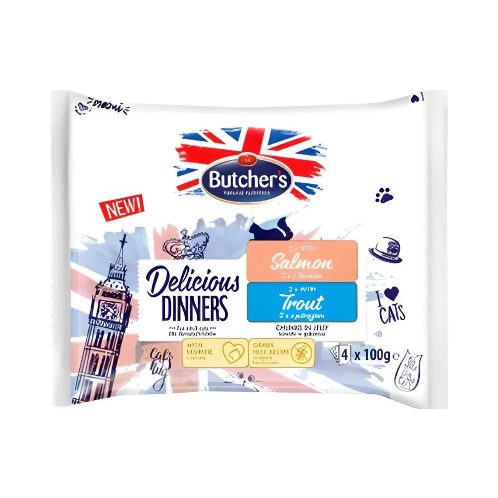 بوتشرز ديليشيز دينر للقطط 2×الدجاج + 2×الدجاج مع السالمون أظرف 4×100 جم في الجيلي |  صيدلية.كوم.