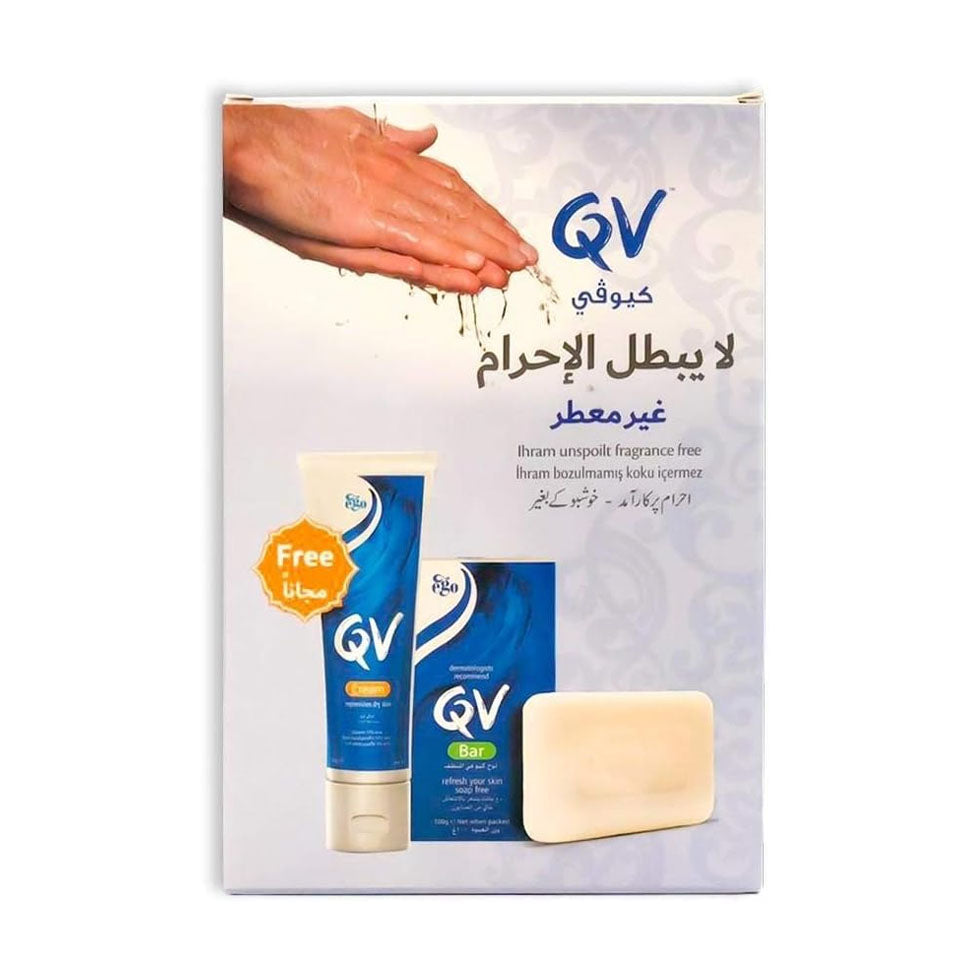 باقة QV للحج بكريم مرطب وصابون خالٍ من العطور