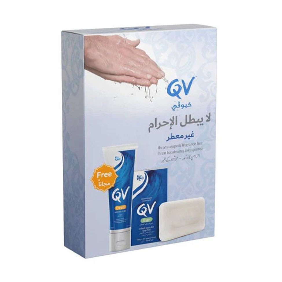 باقة QV للحج بكريم مرطب وصابون خالٍ من العطور
