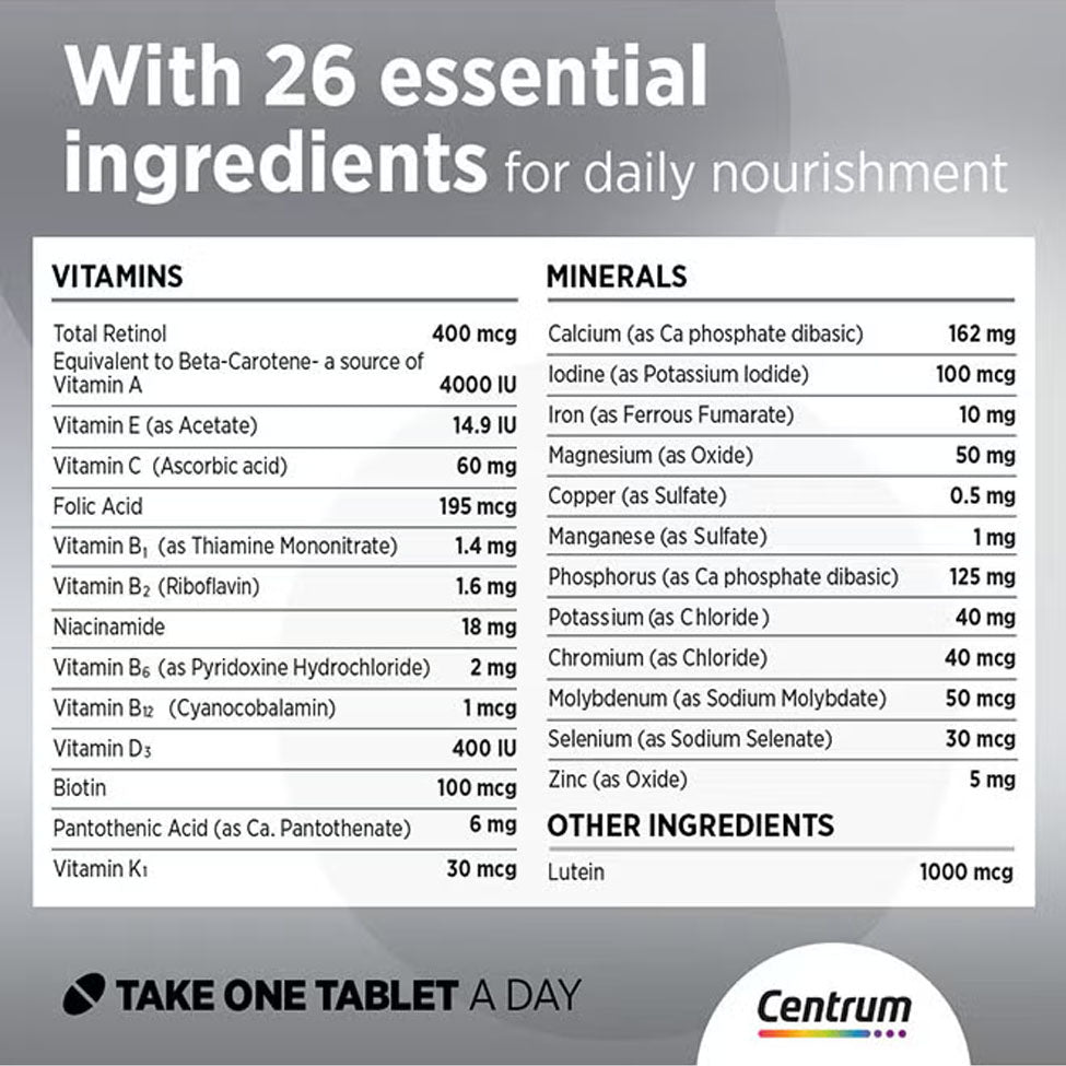 سنتروم الفضي مكمل غذائي متعدد الفيتامينات للبالغين 100 حبة | صيدلية.كوم.