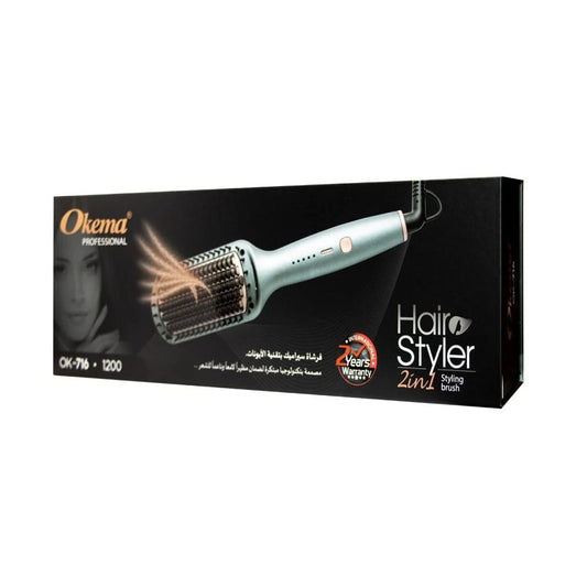 فرشاة شعر ومكواة سيراميك 2 في 1 بتقنية الأيونات OK-716 من اوكيما |  صيدلية.كوم.