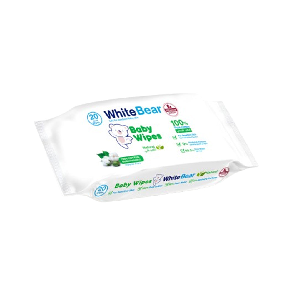Natural baby wipes, 20 wipes, by White Bear