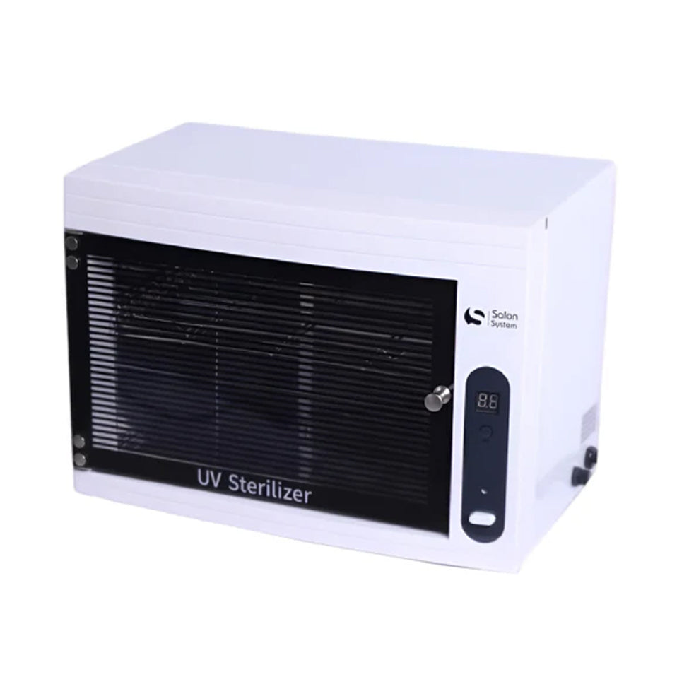 Salon system tool sterilization device with timer button