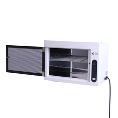 Salon system tool sterilization device with timer button