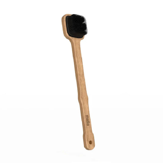 Mella Body Scrub Brush with Pure Silicone Bristles 2 in 1 with Long Black Wooden Handle