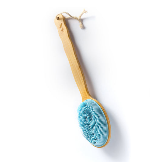 Mella 2-in-1 Pure Silicone Body Exfoliation Brush with Long Wooden Handle