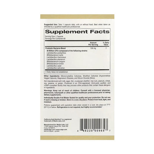 كاليفورنيا جولد نيوتريشن لاكتوبيف بروبيوتيك 30 مليار سي اف يو 60 كبسولة نباتية |  صيدلية.كوم.