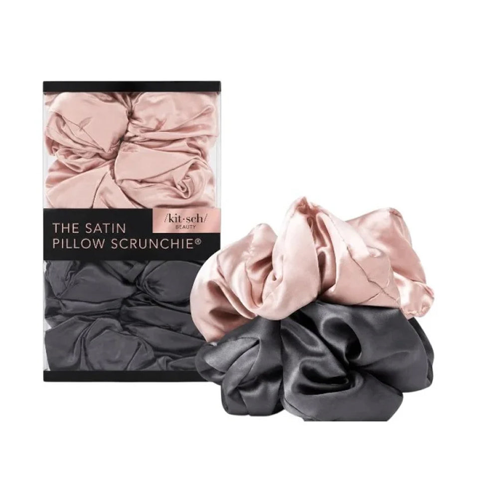 Two-piece Kitsch satin scrunchie hair ties in black and pink