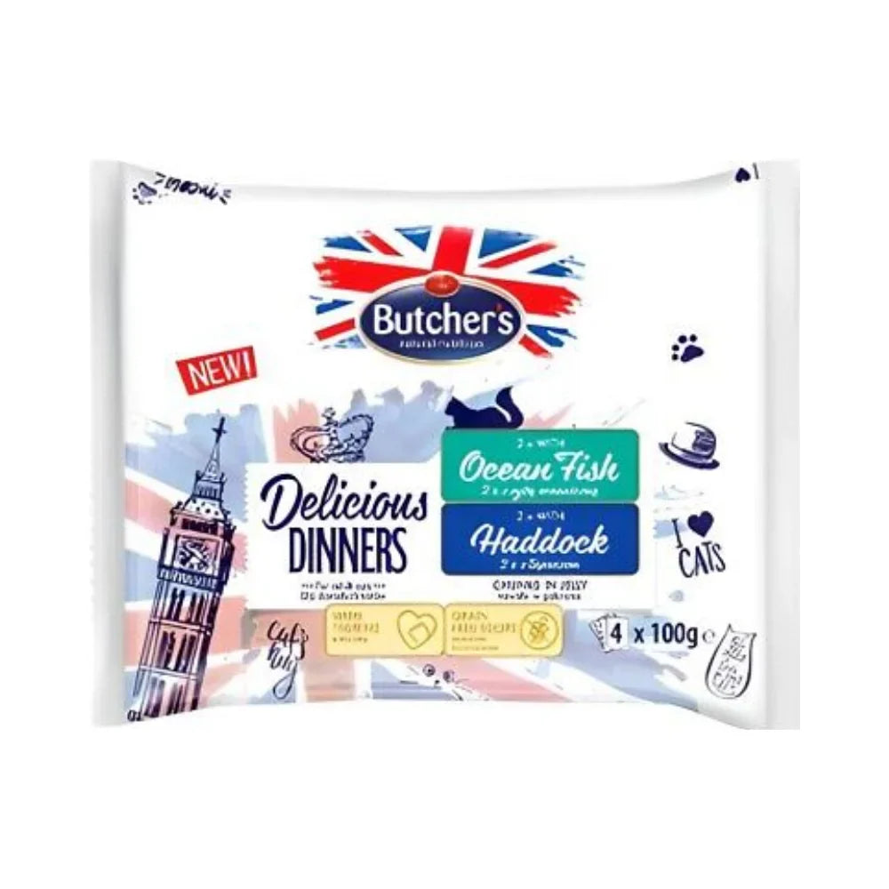 بوتشرز ديليشيز دينر للقطط 2×اسماك المحيط + 2×سمك الحدوق أظرف 4×100 جم في الجيلي |  صيدلية.كوم.
