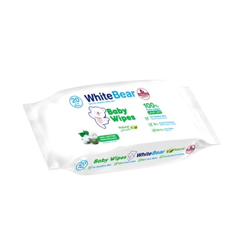 Natural baby wipes, 20 wipes, by White Bear