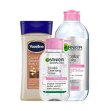 Offer Vaseline Gel with Cocoa Butter for skin care 200ml + Garnier Micellar Water, a makeup-removing cleanser for all skin types, 100ml + Garnier Micellar Water, a makeup-removing cleanser for all skin types, 400ml