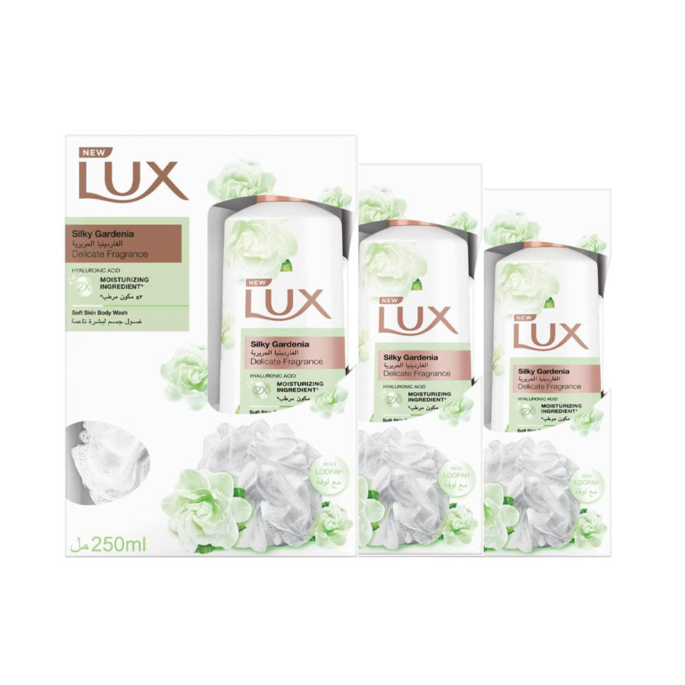 عرض لوكس سائل استحمام مرطب الغاردينيا الحريرية+ ليفة 250 مل×3 |  صيدلية.كوم.
