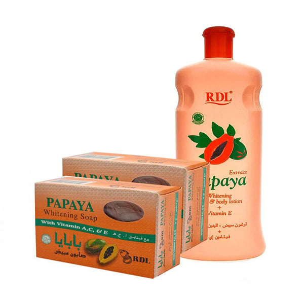 RDL لوشن مبيض بالبابايا مع صابون تفتيح 600 مل + 2 × 135 جم |  صيدلية.كوم.