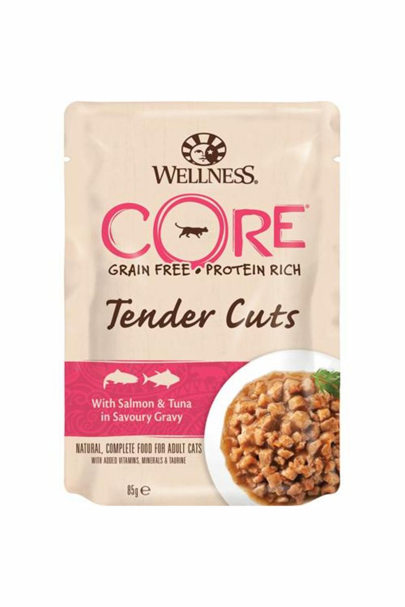 ويلنس كور تندر كتس أكياس تونة وسمك السلمون في المرق للقطط 85 جم |  صيدلية.كوم.