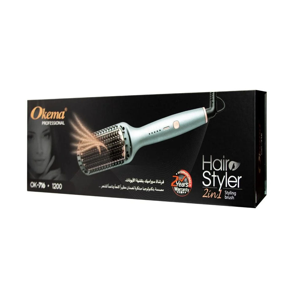 فرشاة شعر ومكواة سيراميك 2 في 1 بتقنية الأيونات OK-716 من اوكيما |  صيدلية.كوم.