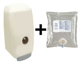 Presentation of a sterile gel dispenser device + a 1 liter sterile gel bag package